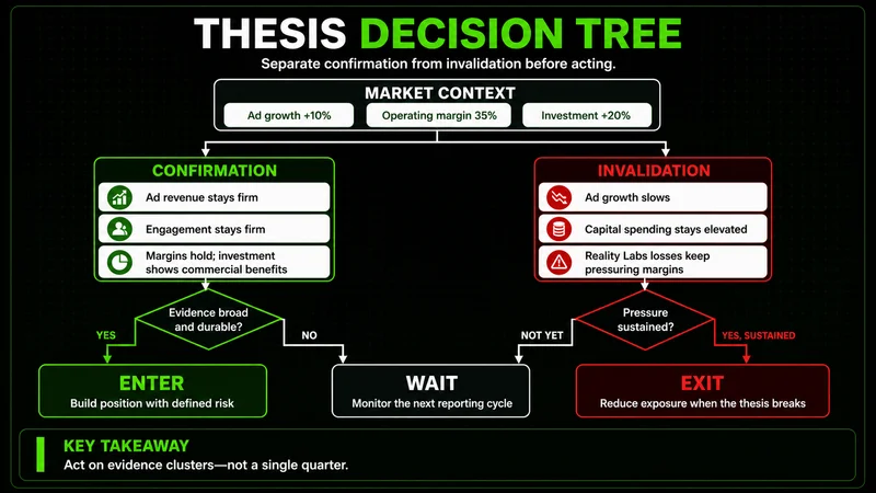 Decision tree comparing confirmation and invalidation conditions for Meta’s bull and bear theses