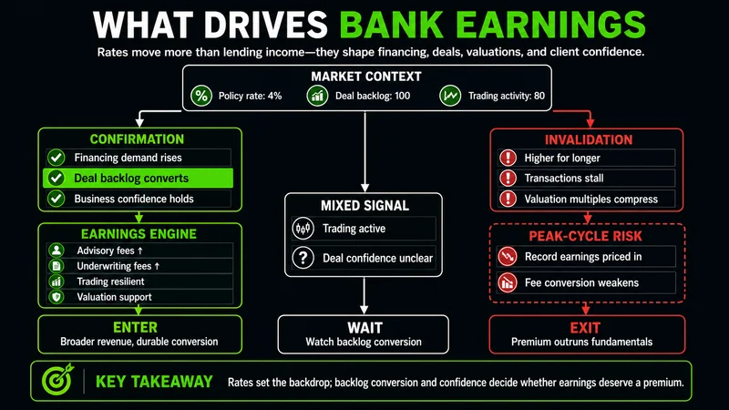 Decision tree connecting capital markets, rates, trading, and buybacks to bank earnings