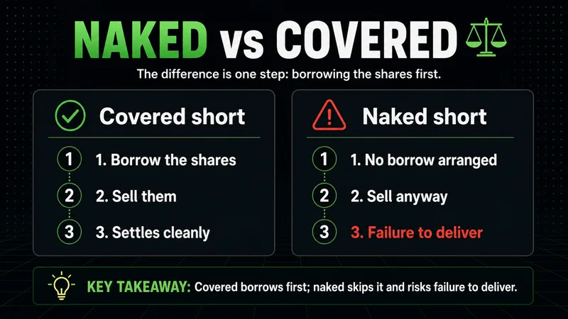 Neon panels contrasting covered short selling with naked short selling ending in failure to deliver