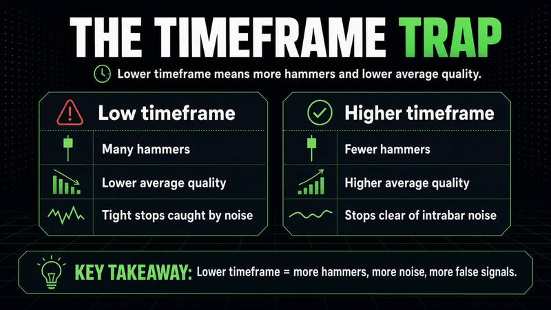 Neon panels on how lower timeframes produce more but lower-quality hammers