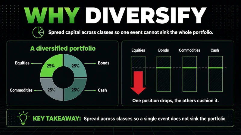 Neon donut of a diversified portfolio cushioning a drop in one asset class