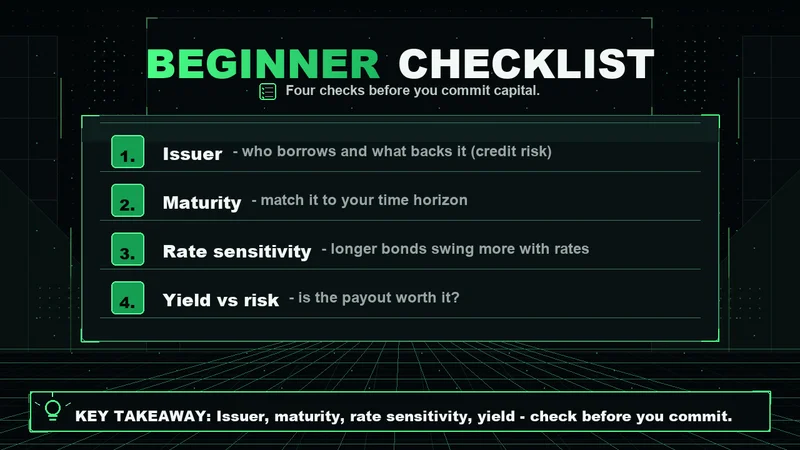Neon beginner bond checklist: issuer, maturity, rate sensitivity, yield versus risk