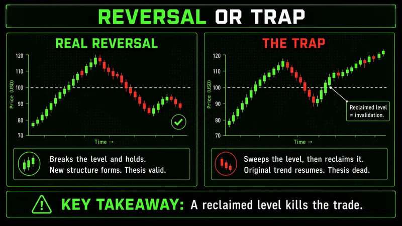 Two charts contrasting a real reversal that breaks and holds a level versus a trap that reclaims the level and continues