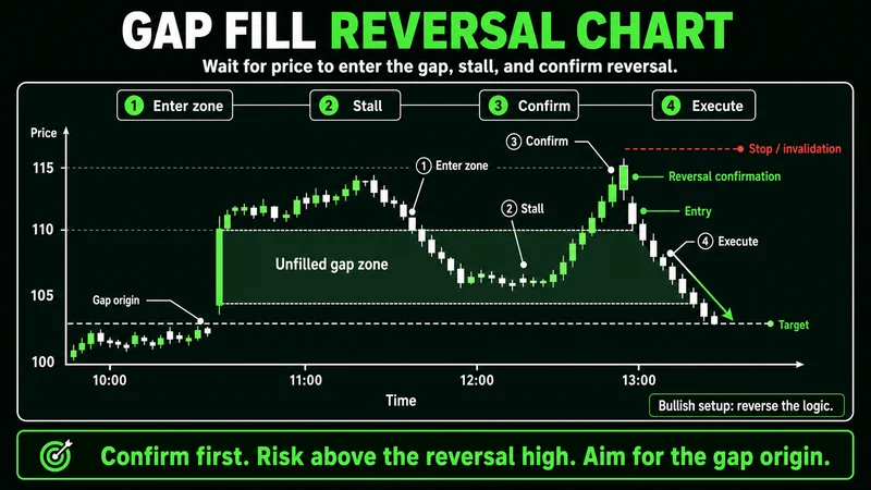 Annotated gap-fill chart showing the gap zone, confirmed entry, stop, and target