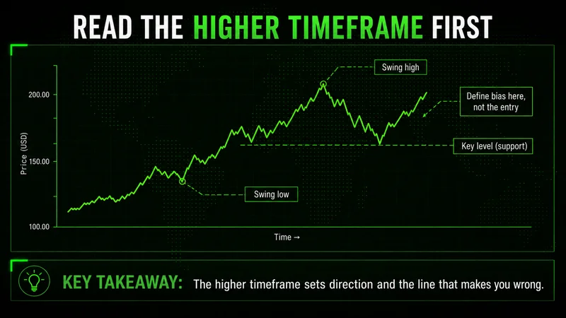 Top-down analysis chart marking the higher timeframe trend, swing high, swing low, and a key support level
