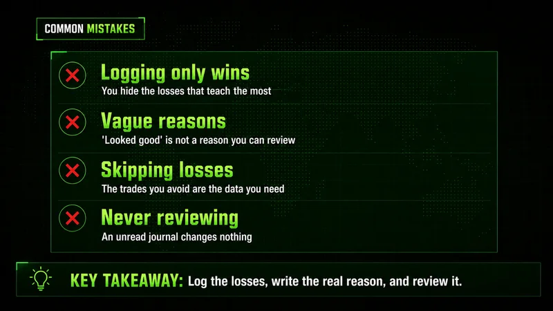 Common trading journal mistakes list: logging only wins, vague reasons, skipping losses, and never reviewing entries