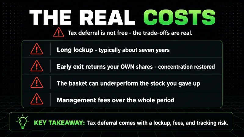 Neon checklist of exchange-fund costs: long lockup, own-share redemption, underperformance, fees