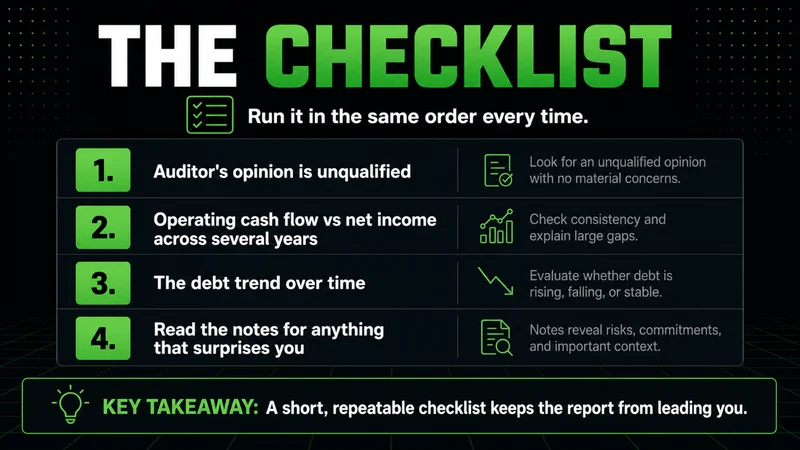 Neon beginner checklist for annual report analysis: auditor opinion, cash flow, debt, notes