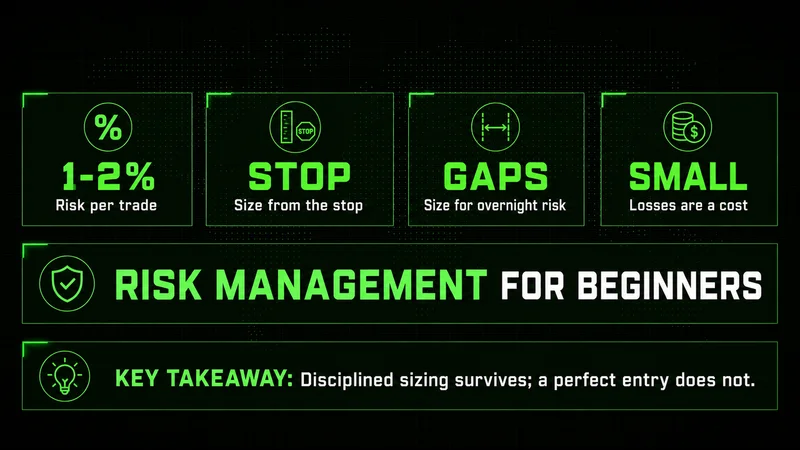 Neon stat tiles for swing trading risk management: 1-2% risk per trade, sizing from the stop, and gap risk