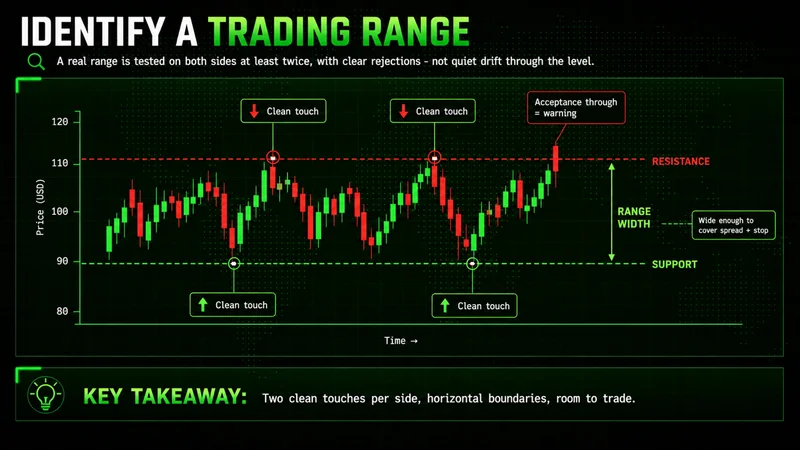 Annotated price chart explainer showing how to identify a tradable range, with clean support and resistance touches, range width and a quality-of-touch checklist