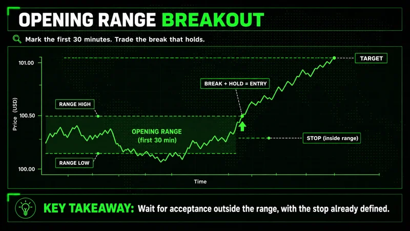 Annotated chart of an opening range breakout day trading strategy with the entry, stop, and target marked