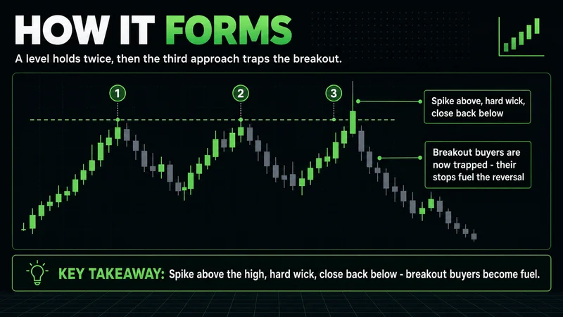 Neon chart of a liquidity sweep forming as price spikes above a twice-held high and closes back below