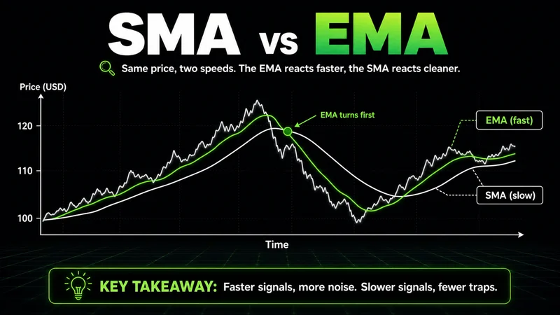 Chart comparing a fast EMA and a slower simple moving average on the same price, with the EMA turning first