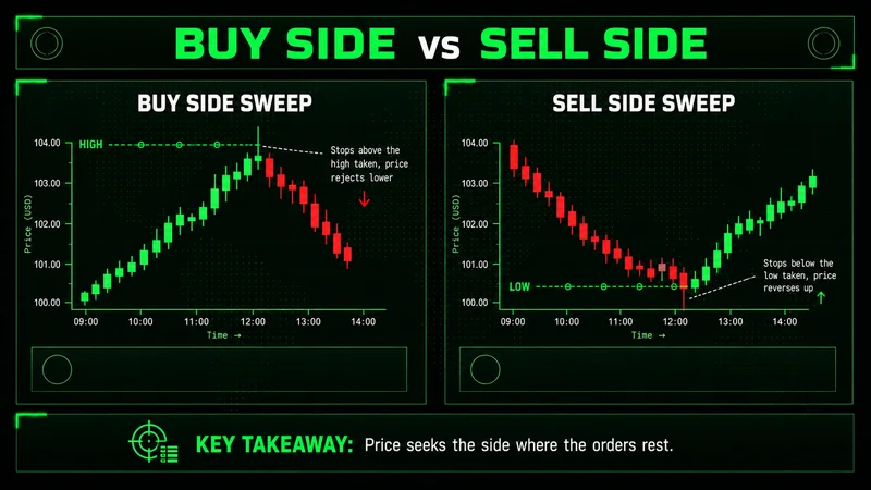 Side-by-side diagram of a buy side liquidity sweep above a high and a sell side liquidity sweep below a low