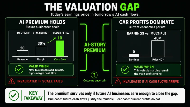 Valuation comparison showing Tesla near 370 times earnings versus lower automaker multiples