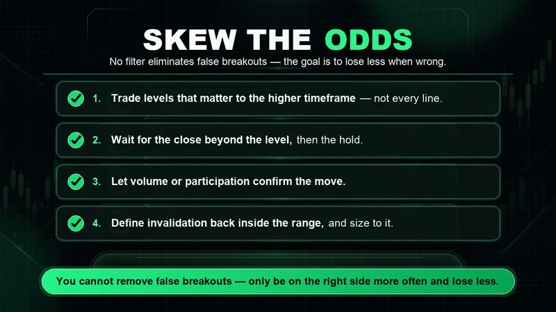Four-point checklist titled "Skew the Odds" against false breakouts — trade levels that matter to the higher timeframe, wait for the close beyond and the hold, let volume confirm the move, and define invalidation back inside the range and size to it.