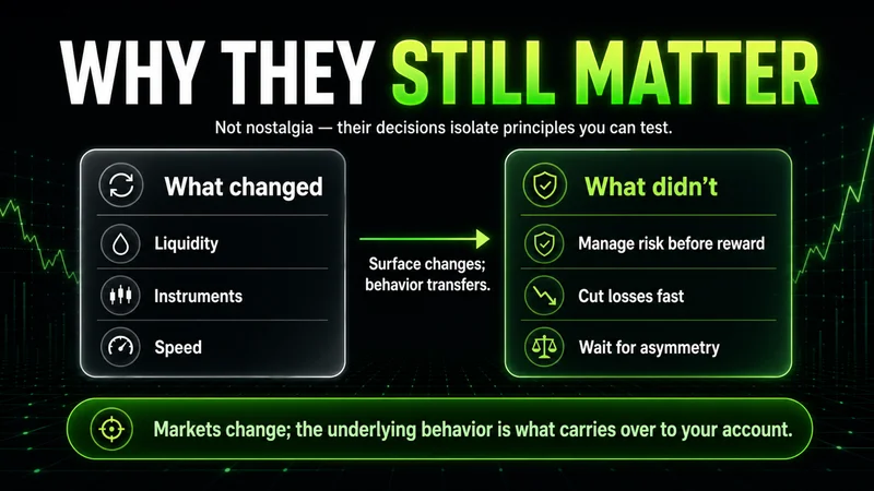 Two-column contrast titled "Why They Still Matter" — liquidity, instruments and speed have changed, but managing risk before reward, cutting losses fast and waiting for asymmetry have not; markets change while the underlying behavior carries over to your account.