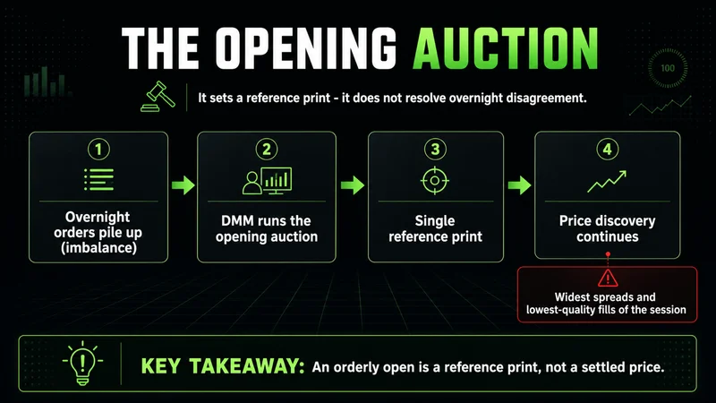 Neon flow of a designated market maker's opening auction setting a reference print amid wide spreads