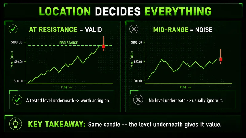 Two charts showing a shooting star valid at tested resistance versus the same candle as noise mid-range