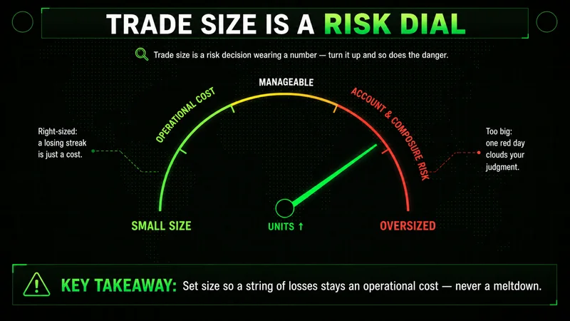 Trade size as a risk dial: gauge runs from small size as operational cost to oversized account risk