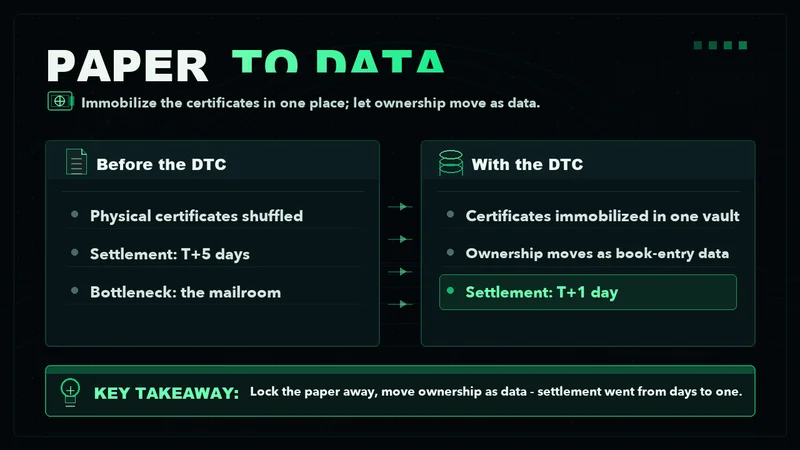 Neon panels showing the DTC moving settlement from paper certificates at T+5 to book-entry data at T+1