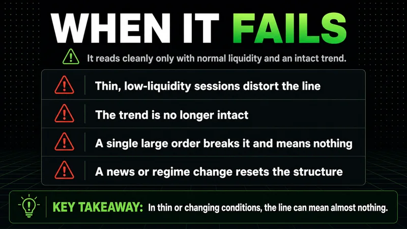 List titled "When It Fails" of conditions that break a descending trendline: thin low-liquidity sessions, a trend no longer intact, a single large order, and a news or regime change resetting the structure.