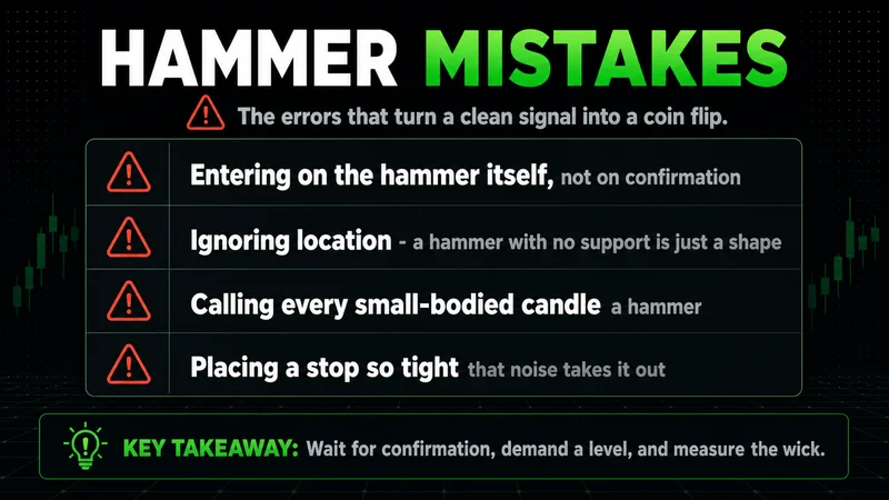 Neon checklist of hammer candlestick mistakes such as entering before confirmation