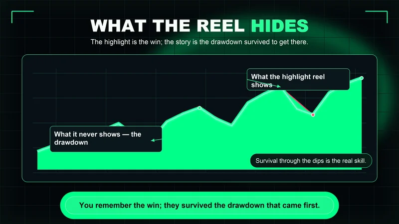 Equity curve titled "What the Reel Hides" climbing over the long run but through deep drawdowns, with callouts marking the peak the highlight reel shows and the trough it never shows; you remember the win, but they survived the drawdown that came first.