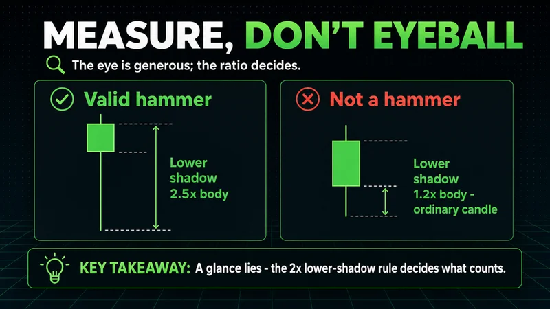 Neon comparison of a valid hammer versus an ordinary candle by the lower-shadow ratio